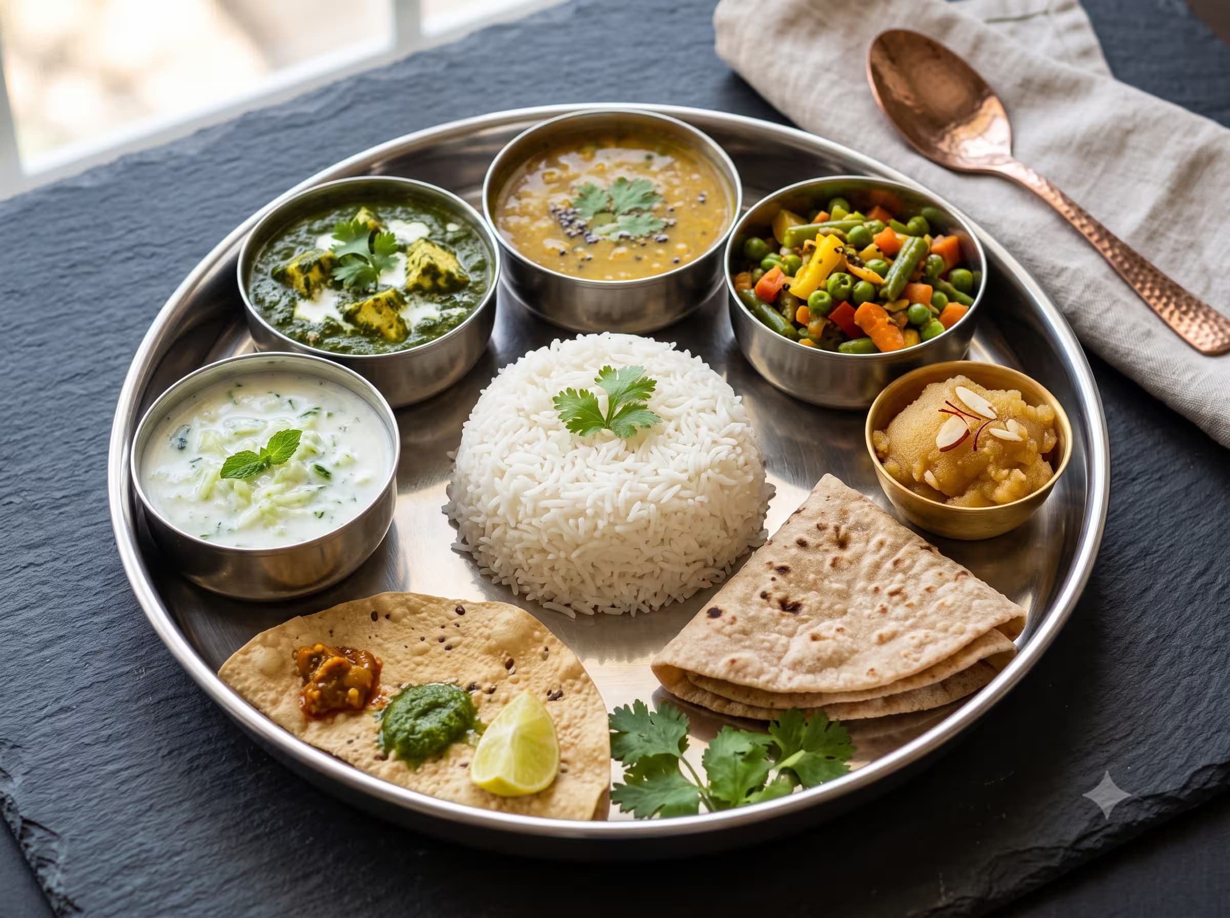 Jain thali with dishes prepared without onion, garlic or root vegetables