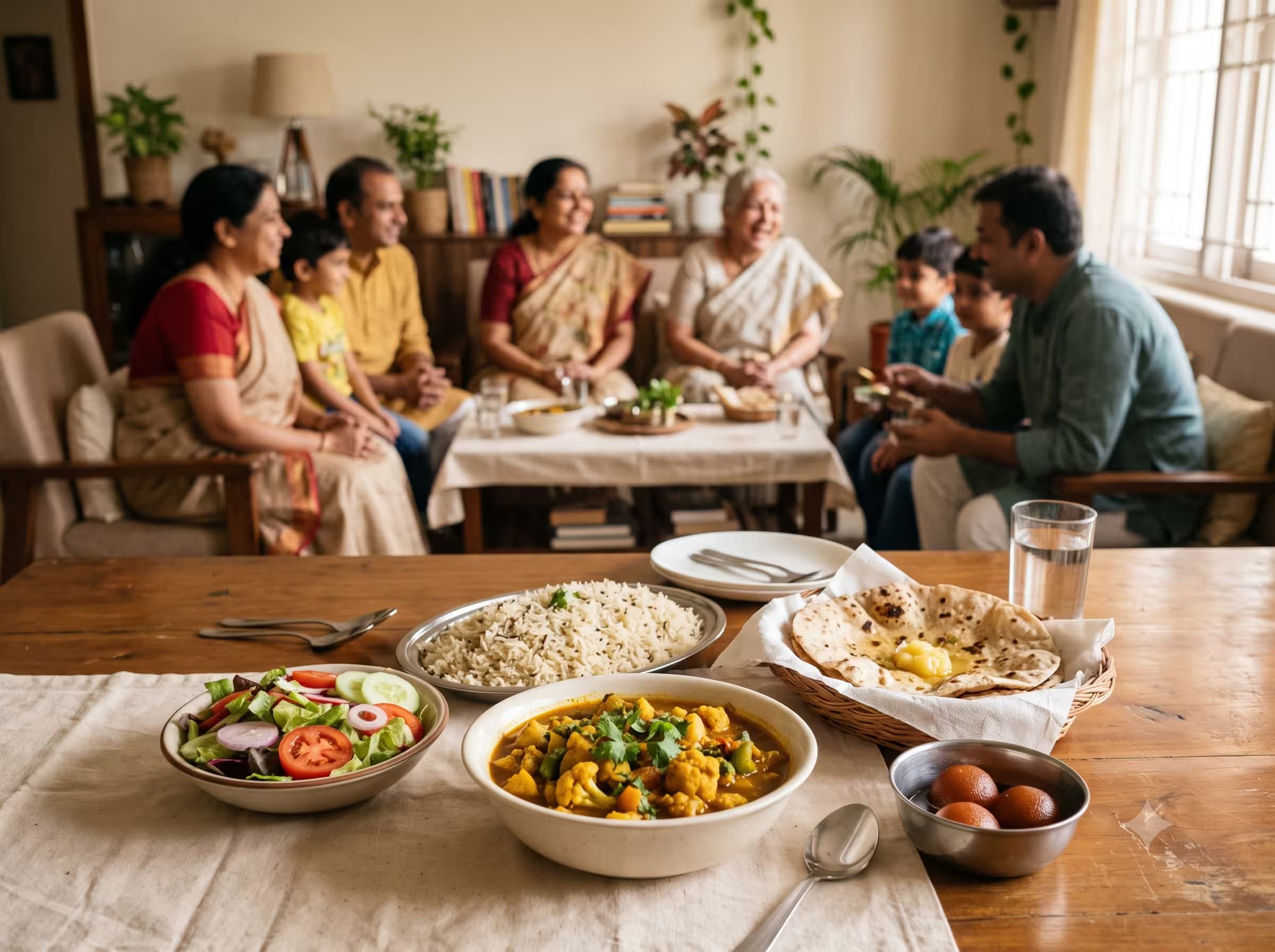 Family gathering with a vegetarian meal laid out