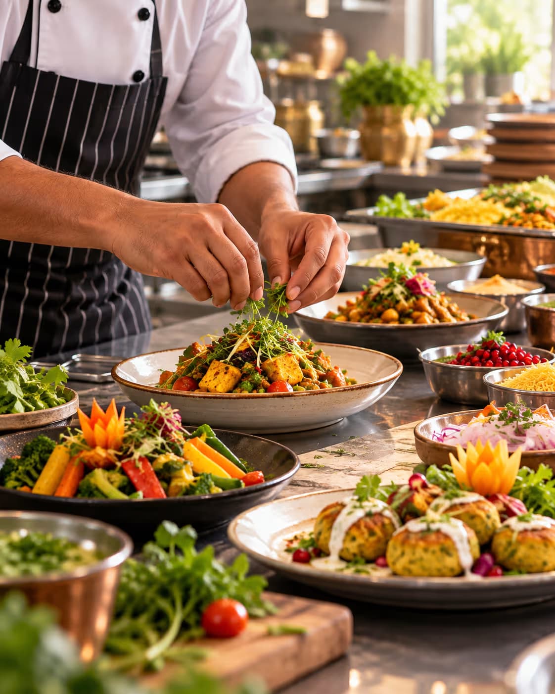 Vegetarian dishes being prepared and finished before service