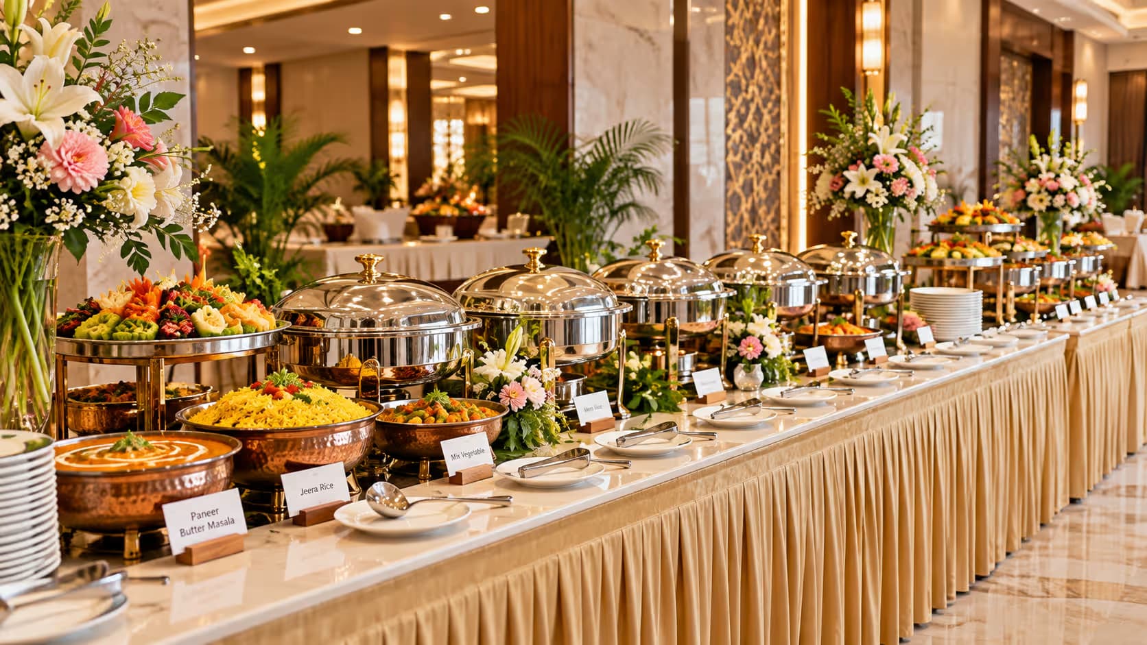 Buffet counters set up for a catered function